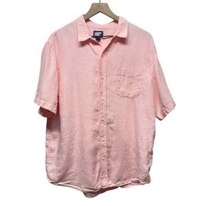 Lands‎ End Men 100% Linen Sz L Pink Short Sleeve Button Up Shirt Preppy Resort